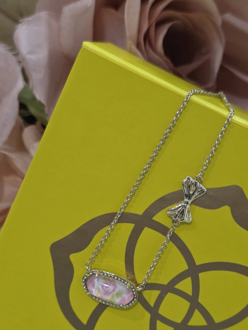 Kendra Scott Gold Necklace with Pink Floral Oval Pendant